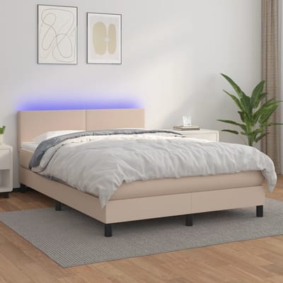 vidaXL - Boxspring - met - matras - en - LED - kunstleer - cappuccinokleur - 140x200cm