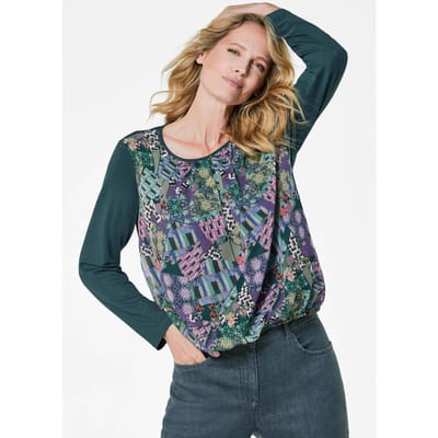 Blouseshirt met chiffon inzet - donkergroen / gedess. - Gr. 38 van Goldner Fashion