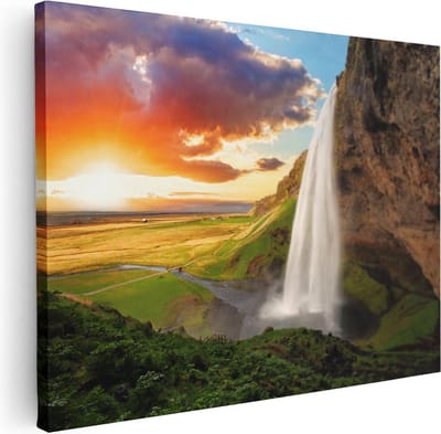 Artaza Canvas Schilderij Zonsondergang - 40x30 cm - Klein - Wanddecoratie Landschap - Muurdecoratie Natuur - Kamer Accessoires Waterval IJsland