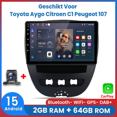 Awesafe Carplay Autoradio - Geschikt Voor Toyota Aygo Citroen C1 PEUGEOT 107 2005-2014 - Android 15.0 Systeem - 2GB RAM + 64GB ROM - Draadloos CarPlay & Android Auto - Bluetooth & WiFi - GPS Navigatie - Inclusief achteruitkijkcamera