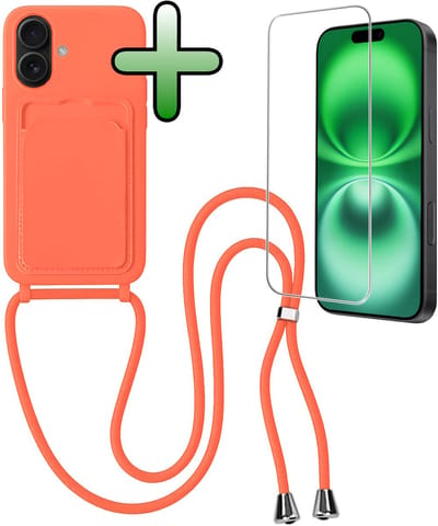 Hoes Geschikt voor iPhone 16 Plus Hoesje Pas Houder Case Hoes Met Koord Met Screenprotector - Hoesje Geschikt voor iPhone 16 Plus Hoes Met Telefoonkoord Pasjeshouder Cover - Papaya
