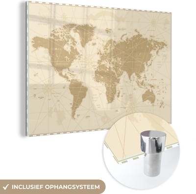 ® Glasschilderij 180x120 cm - Schilderij acrylglas - Wereldkaart - Vintage - Retro - Foto op glas - Muurdecoratie woonkamer - Wanddecoratie slaapkamer - Schilderijen