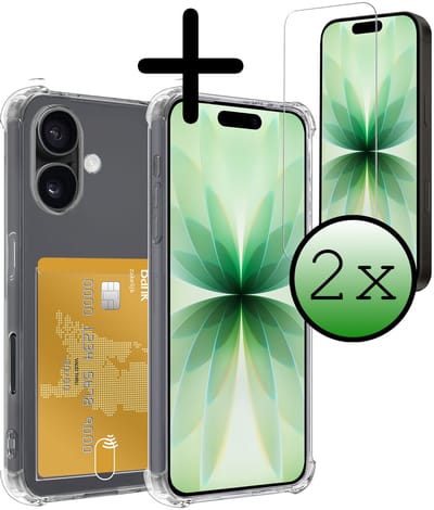 Hoesje Geschikt voor Apple iPhone 17 - Met 2x Screenprotector - Pashouder - Kaarthouder - Telefoon Hoes Shockproof - Siliconen Case - Back Cover - Shock Proof - Pasjes Houder - Transparant