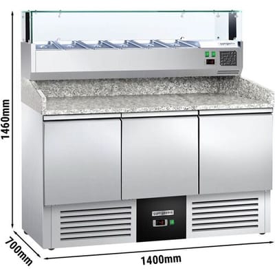 GGM Gastro Pizzakühltisch PREMIUM - 1400x700mm - 3 Türen - inkl. Kühlaufsatzvitrine - 6x GN 1/4 Zilver
