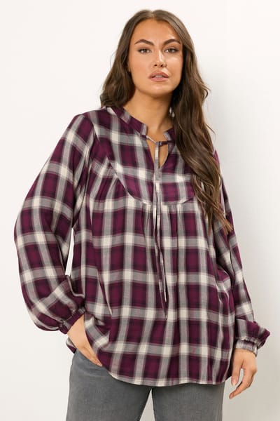 Yours Bordeauxrode Geruite Blouse Met Strikkraag Size 44