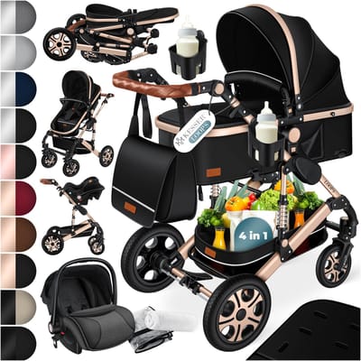 KESSER® Kinderwagen 3 in 1 Loops Wandelwagen Set incl. Autostoel & Reiswieg & Buggy Sportzitje - Massieve Rubberbanden - Luiertas / Regenhoes - Zwart / Champagne