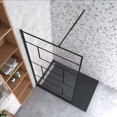 Inloopdouche 80x200cm met zwart decor,8mm Nano EasyClean veiligheidsglas + 70-120cm Stabilisatiestang