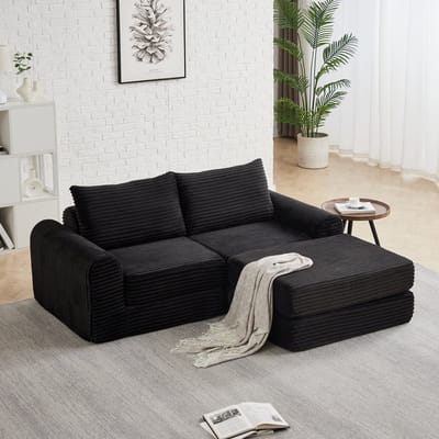 STILVORA Slaapbank Modulair - Twee In Een Sofa En Bed - Met Verplaatsbare Voetenbank En 2 Kussens - Voor Woonkamer Logeerkamer - Cord Zwart