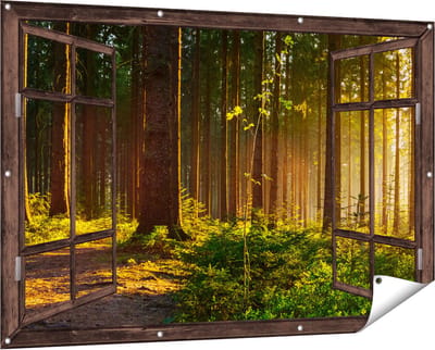 Gards Tuinposter Doorkijk Bos met Zon tussen de Bomen - 150x100 cm - Tuindoek - Tuindecoratie - Wanddecoratie buiten - Tuinschilderij