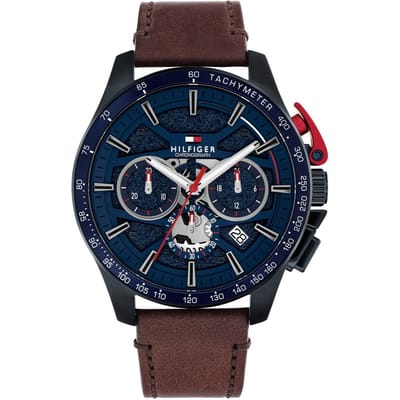Tommy Hilfiger Chrono Horloge, Bruine Lederen Band, Blauwe Wijzerplaat, Stalen Kast Blauwe Pvd, Datum, 44Mm, 5 Atm, 1792268