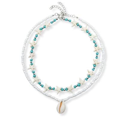 Marama - Dubbele Ketting Beach Wit - natuurlijke kralen - zomerse look - zeesterren - schelp - zilver plated - met extender