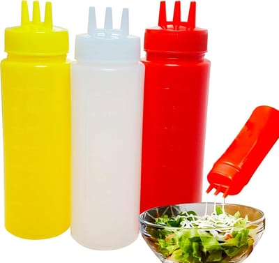 Drie knijpflessen met elk drie gaten, geschikt voor sauzen, plastic knijpflessen van 400 ml, kunnen worden gebruikt voor specerijen, saladedressings, ketchup, mosterd en kunnen ook worden gebruikt als kruidenpers in de bakkeuken.