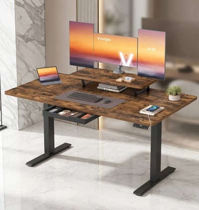 In Hoogte Verstelbaar Bureau 140x70 cm met USB-C, Lade & Monitorstandaard – Ergonomisch Zit-Sta Bureau Vintage Bruin | House&Garden