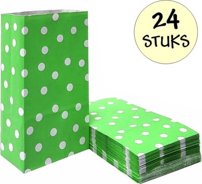 24x Groene Uitdeelzakjes Met Stippen - 13x8x24cm - Stevig Papier - Traktatie Zakjes - Papieren Zakjes - Cadeau Zakjes - Polka Dots - Met Blokbodem - Groen - 24 Stuks