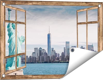 Gards Tuinposter Doorkijk Vrijheidsbeeld in New York - 60x40 cm - Tuindoek - Tuindecoratie - Wanddecoratie buiten - Tuinschilderij