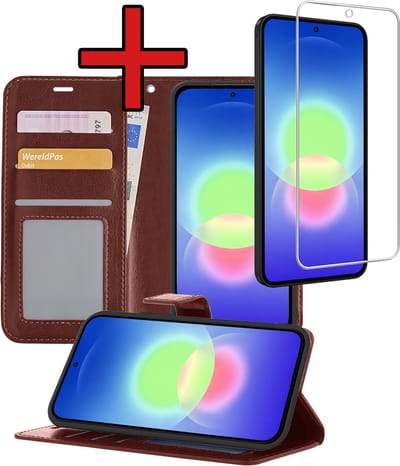 Hoesje - Met Screenprotector - Geschikt voor Samsung Galaxy A27 - Luxe Pasjeshouder - Flipcase - Bookcase Portemonee - Flip Case - Kunstleer Book Case - Book Cover - Walletcase - Portemonneehoes - Telefoonhoes - Bruin
