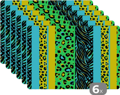 Placemat - Placemats kunststof - Design - Panterprint - Geel - Groen - 45x30 cm - 6 stuks - Hittebestendig - Anti-Slip - Onderlegger - Afneembaar