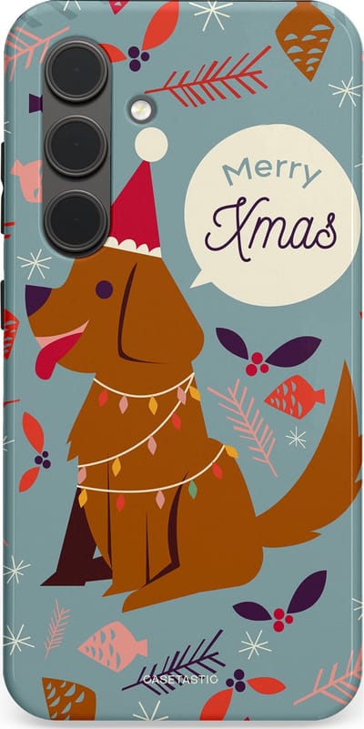 Casetastic hoesje geschikt voor Samsung Galaxy S24 - Dubbellaagse bescherming - Merry Christmas Hond - Fashion Case - Zilver Bruin Saliegroen Rood