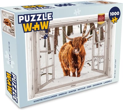 Puzzel Schotse Hooglander - Sneeuw - Winter - Natuur - Dier - Doorkijk - Landelijk - Legpuzzel - Puzzel 1000 stukjes volwassenen