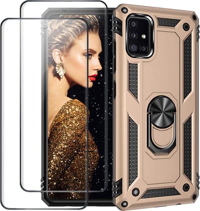 Telefoonhoesje Geschikt voor: Samsung Galaxy A51 hoesje Schokbestendige ring armor met 2X volledige schermdekking Screenprotector goud