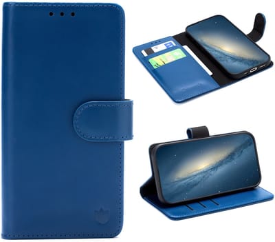 Casemania Echt Leren Hoesje Geschikt voor Apple iPhone 16e - Navy Blue - Leer Book Cover - Portemonnee Hoes met Pasjeshouder