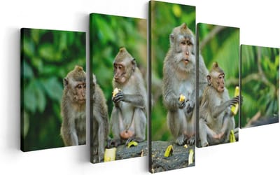 Artaza Canvas Schilderij Vijfluik Groep Apen Eten Bananen In Het Bos - 100x50 - Foto Op Canvas - Canvas Print