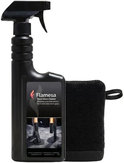 Flamesa® Pelletkachel Reinigingsset – Glasreiniger & Microvezel Doek – Roetverwijderaar voor Kachelglas & Metaal
