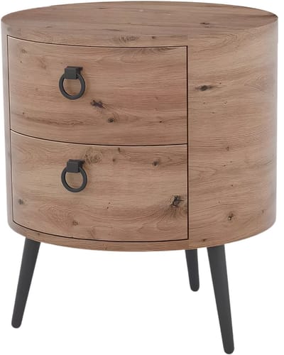 Ronde Bijzettafel - Voor woonkamer en slaapkamer - Met laden en houten accent - Metalen poten / Rond - Natural