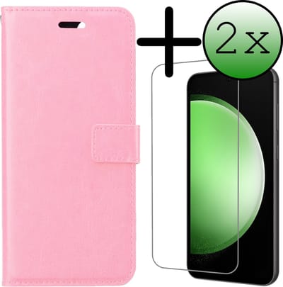 Hoesje Met 2x Screenprotector - Geschikt voor Samsung Galaxy S23 FE - Luxe Pasjeshouder - Bookcase Portemonee - Flip Case - Kunstleer Book Case - Flipcase Hoes - Book Cover - Walletcase - Portemonneehoes - Lichtroze