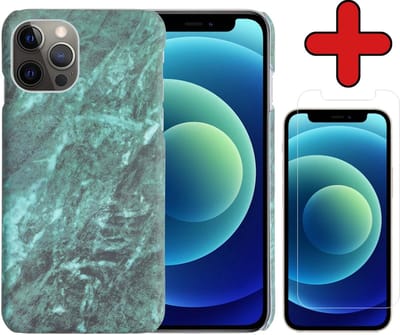 Hoesje Geschikt voor iPhone 12 Pro Hoesje Marmer Hardcover Fashion Case Hoes Met Screenprotector - Hoes Geschikt voor iPhone 12 Pro Marmer Hoesje Hardcase Back Cover - Groen