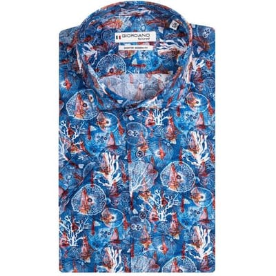 Giordano Overhemd Allover Sea Life Pattern Turquoise-Brown / male