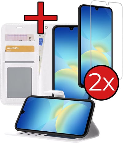 Hoesje - Met 2x Screenprotector - Geschikt voor Samsung Galaxy A26 - Luxe Pasjeshouder - Flip Case - Bookcase Portemonee - Kunstleer Book Case - Flipcase Hoes - Book Cover - Walletcase - Portemonneehoes - Telefoonhoes - Wit