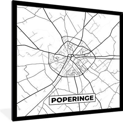 Fotolijst incl. Poster Zwart Wit- België – Poperinge – Stadskaart – Kaart – Zwart Wit – Plattegrond - 40x40 cm - Posterlijst