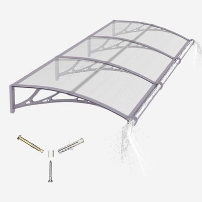 Deurluifel, buitenluifel met afvoer, 300 x 100 cm polycarbonaat regenonderdak met ABS-beugels, polycarbonaatplaat, uv, sneeuwbescherming voor veranda, voordeur, terras, raam, dek