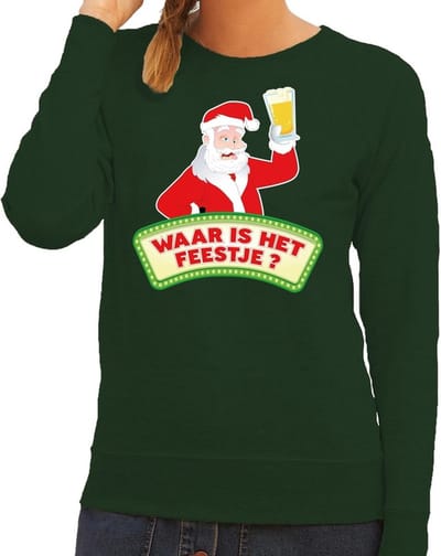 Foute kersttrui / sweater voor dames - groen - Dronken Kerstman met biertje XS