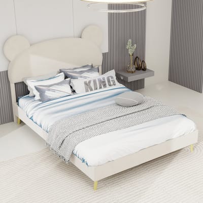 Wishdor Gestoffeerd Bed – 140 x 200 cm – Cartoonvormig Hoofdbord – Pneumatische Opbergruimte – Stof en Metaal Beige – Speels Design voor Kinderkamer – Stevige Constructie tot 113 kg – Eenvoudige Montage