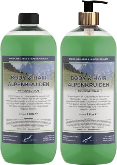 Body & Hair Alpenkruiden 1 liter met gouden pomp - set van 2 stuks - 2 in 1 voor lichaam en haar - voordeelverpakking