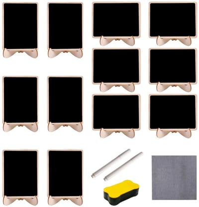 Dailygoods- Mini-borden 12 stuks - Houten Etiketten - Whiteboardstiften - Bordgum - Decoratie voor Bruiloft/Restaurant - Afmetingen 10x7,5 cm
