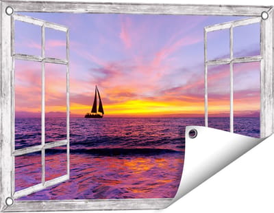 Gards Tuinposter Doorkijk Zeilboot Silhouet bij Zonsondergang - 60x40 cm - Tuindoek - Tuindecoratie - Wanddecoratie buiten - Tuinschilderij
