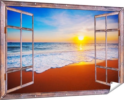 Gards Tuinposter Doorkijk Strand en Zee tijdens Zonsondergang - 180x120 cm - Tuindoek - Tuindecoratie - Wanddecoratie buiten - Tuinschilderij