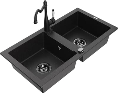 Mexen Mario granieten gootsteen 2-kamer met keukenmengkraan Carla, zwart/zilver metallic - 6504-73-670700-70-B