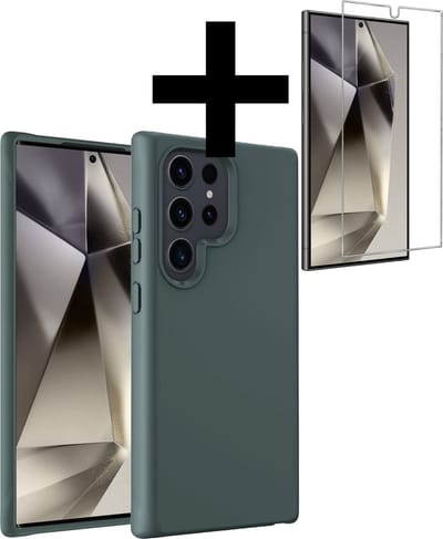 Hoesje - Met Screenprotector - Geschikt voor Samsung Galaxy S24 Ultra - Sterk & Shockproof - Back Cover - Siliconen Case - Telefoon Hoes - Telefoonhoesjes - Donkergroen