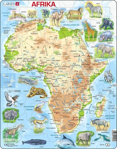 Larsen Afrique Carte Topographique – Puzzle – Afrique – Pays et Animaux – Puzzle éducatif pour enfants – 63 pièces – Fabriqué en Norvège – Pièces extra épaisses de 2,5 mm – Plateau avec bord fixe