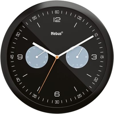 Mebus quartz wandklok met thermometer en hygrometer / Kunststof / Rond / Model: 16100 / Kleur: Zwart, 26 cm diameter