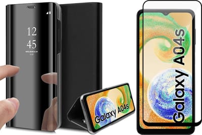 Hoesje geschikt voor Samsung Galaxy A04s / A13 5G - Screen Protector FullGuard - Book Case Spiegel Zwart & Screenprotector