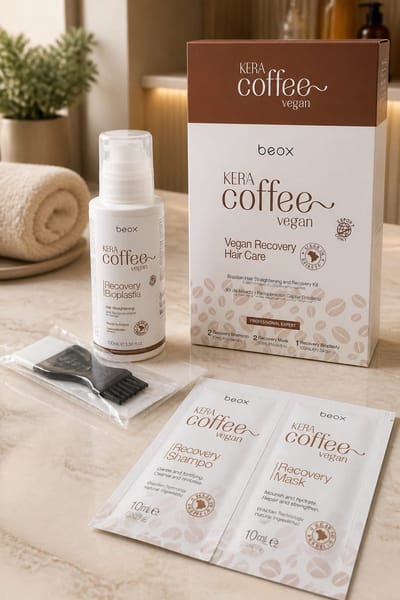 Beox KERA coffee Vegan Recovery Hair Care Braziliaans keratine behandeling (1 Recovery Bioplasty 100mL ℮ 3,38 fl oz + 2 Recovery Shampoo 10mL ℮ 0,33 fl oz + 2 Recovery Mask 10mL ℮ 0,33 fl oz)