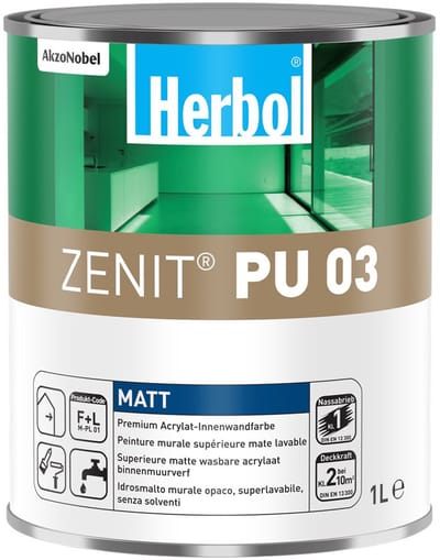 Herbol Zenit PU 03 - Hoogwaardige matte isolerende binnenmuur verf - Waterbasis - 1 L - RAL 9010 Pure White ( gebrokenwit)