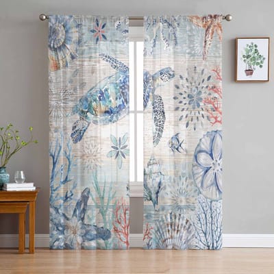 Marine Koraal Schelp Kauri Vintage Blauw Houten Schildpad Raam Tule Gordijnen voor Woonkamer Hotel Luxe Decoratie Transparante Gordijnen 135W x 114H(cm) white