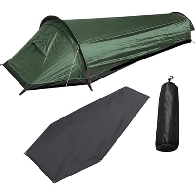 Tente de randonnée pour une personne, tente de bivouac, sac de couchage léger avec tissu de sol vert d’armée