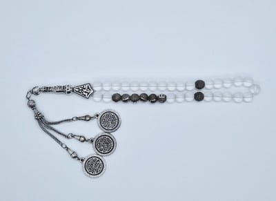 Handgemaakte naam tasbih 33 Kralen Natuursteen “Selenite” - met metaal tassel “Constantinopel"- Met je naam of de naam van uw geliefde- 8 mm diameter van de korrel